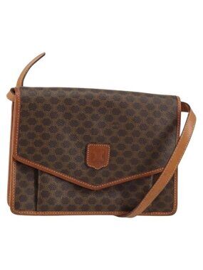 Authentic CELINE Macadam Canvas Shoulder Bag PVC Leather Brown Gold